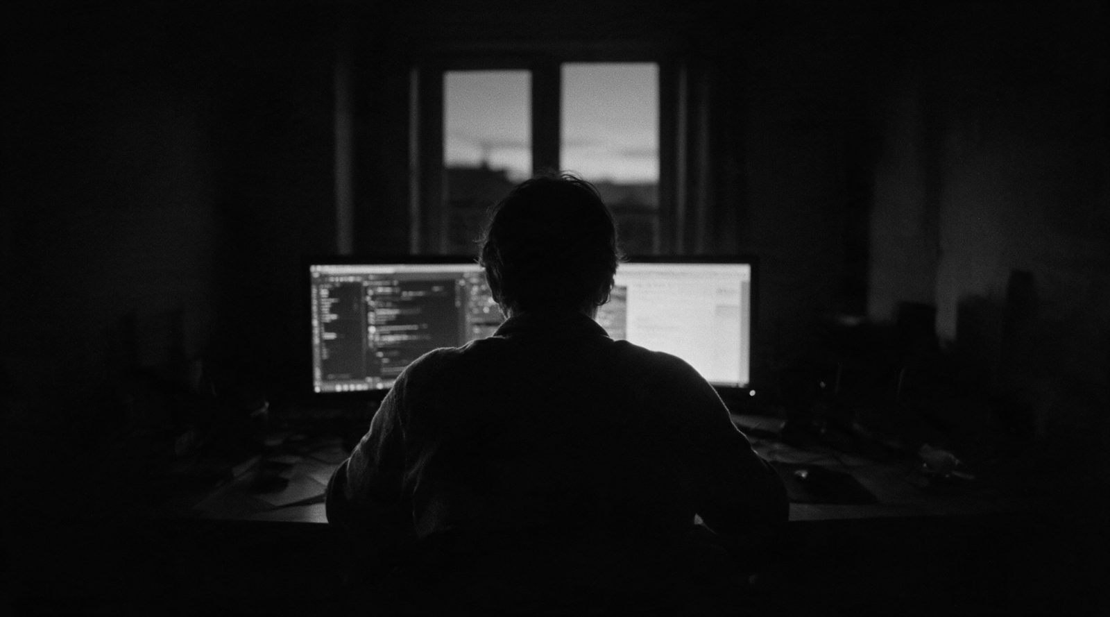 A person seen from behind at a desk before dawn, facing two monitors, the window beyond showing the first grey of morning.