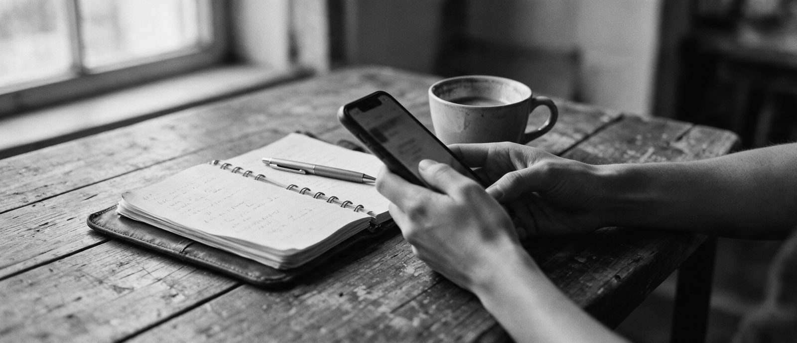 Hands at a table holding a phone in daylight, an open notebook and a cold coffee beside it.
