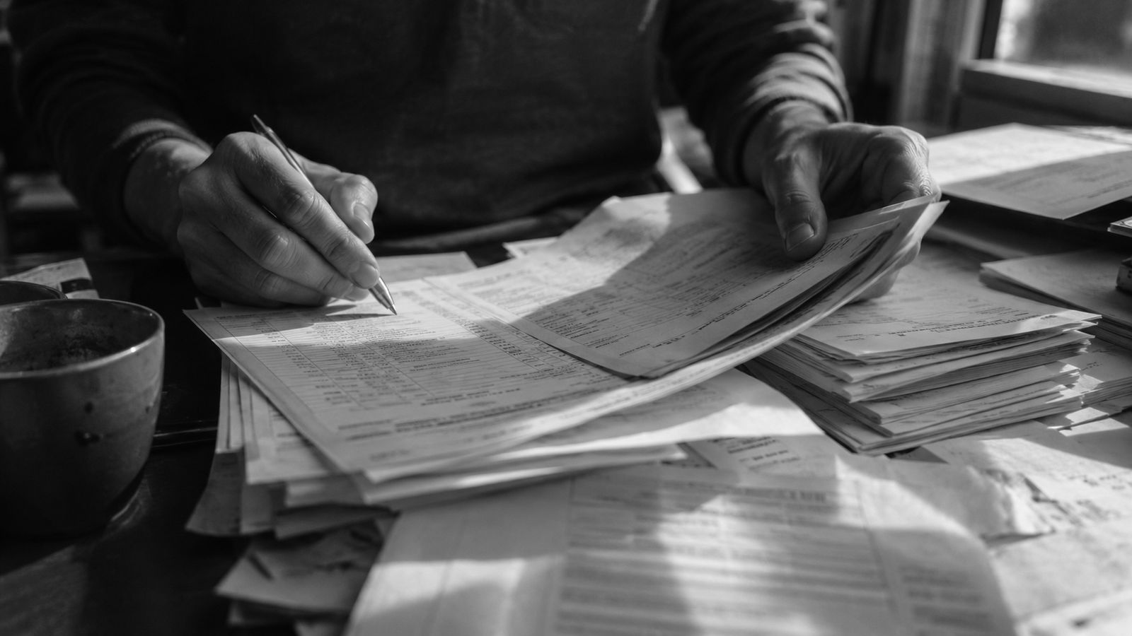 Hands sorting a stack of printed bank statements and invoices on a desk.
